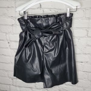 Black Vegan Leather Tie Waist Paperbag Shorts With Pockets
